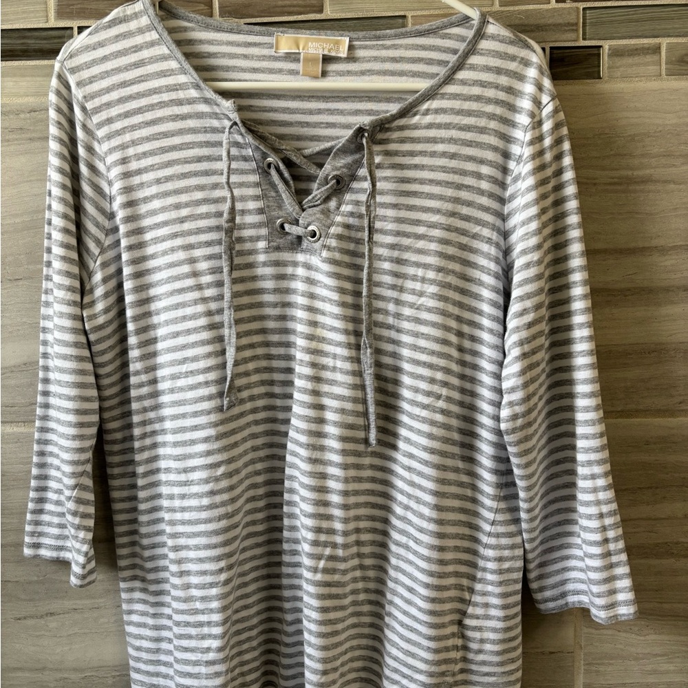 Gray Striped Lace-Up Top